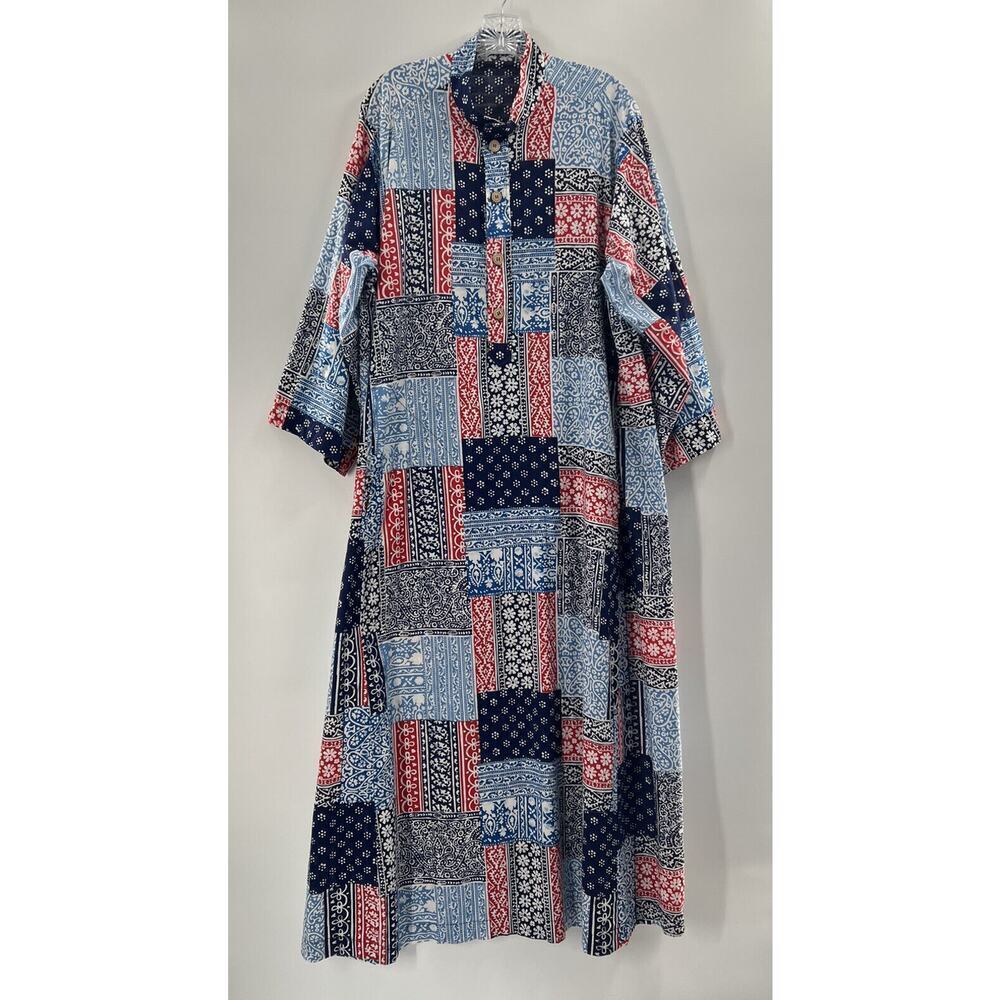 Horchow Collection Women’s 3/4 Sleeve Popover Duster Robe Red White Blue Size L